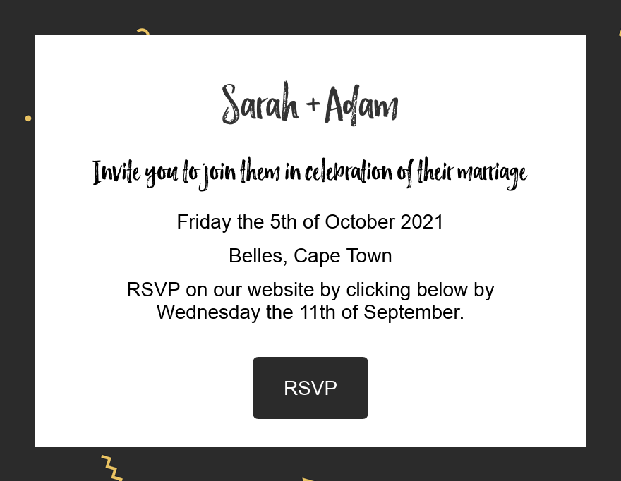 An example of an online wedding invitation with a button to RSVP on their wedding website