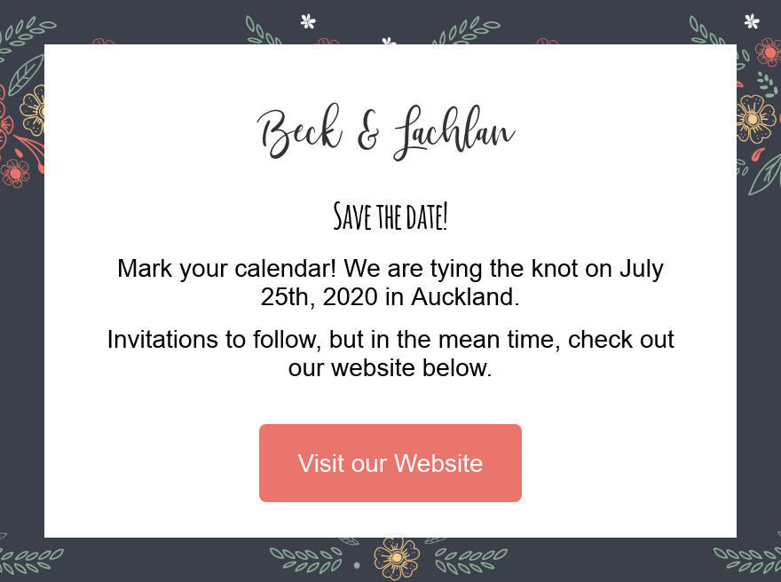 Digital wedding save the date example with button to wedding website