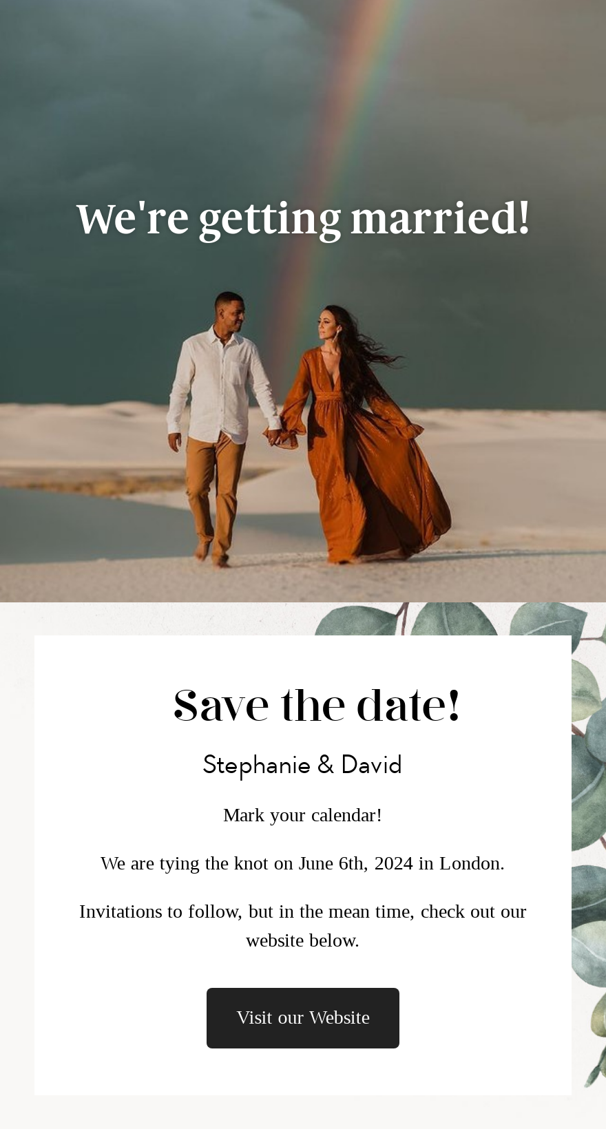 Save the Date Email Announcement with couple holding hands on the beach with a rainbow