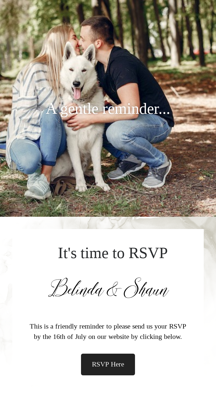 RSVP Email Announcement with dog in between couple