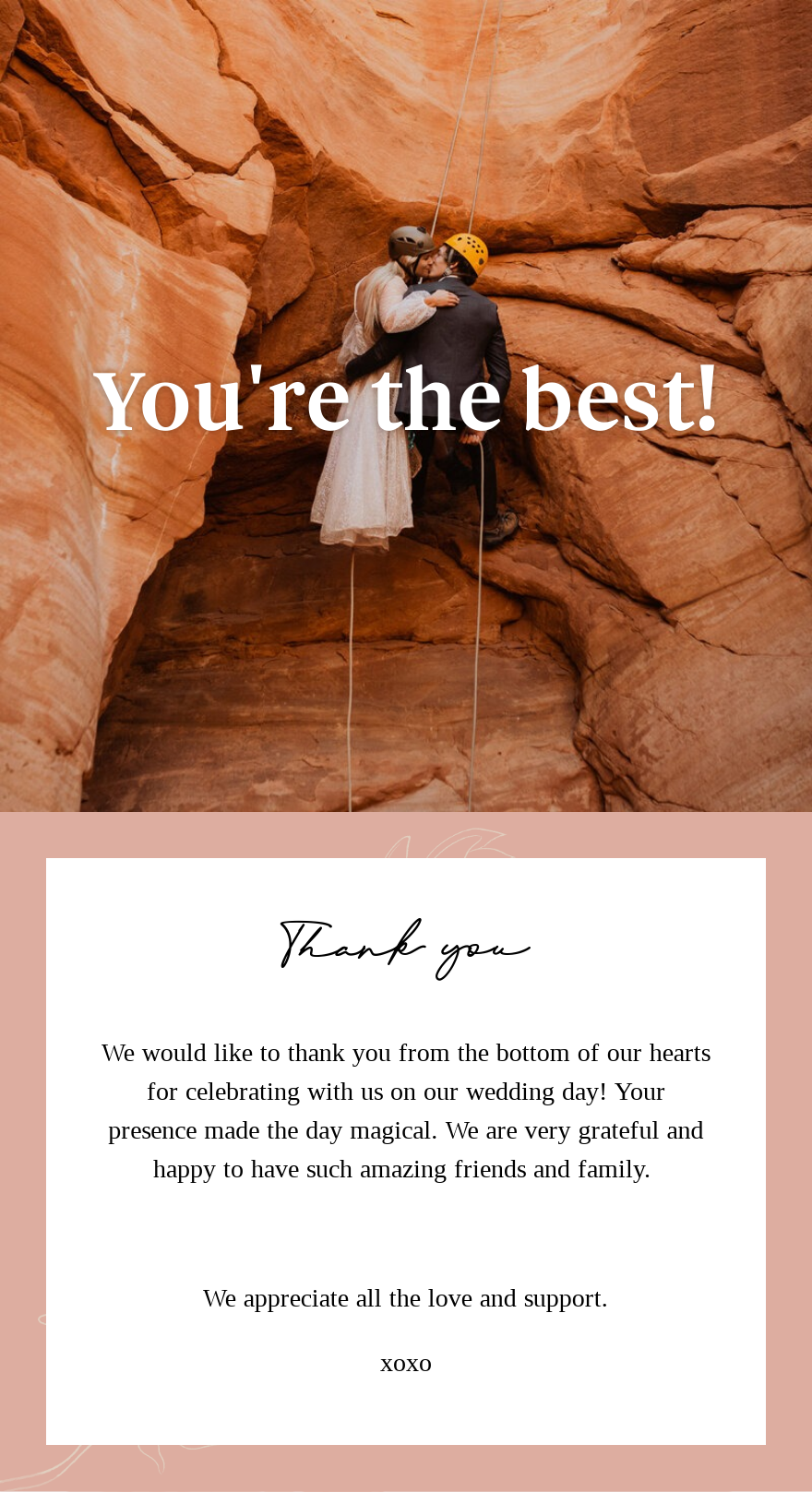 Thank you Note email announcement with couple rock-climbing in wedding attire