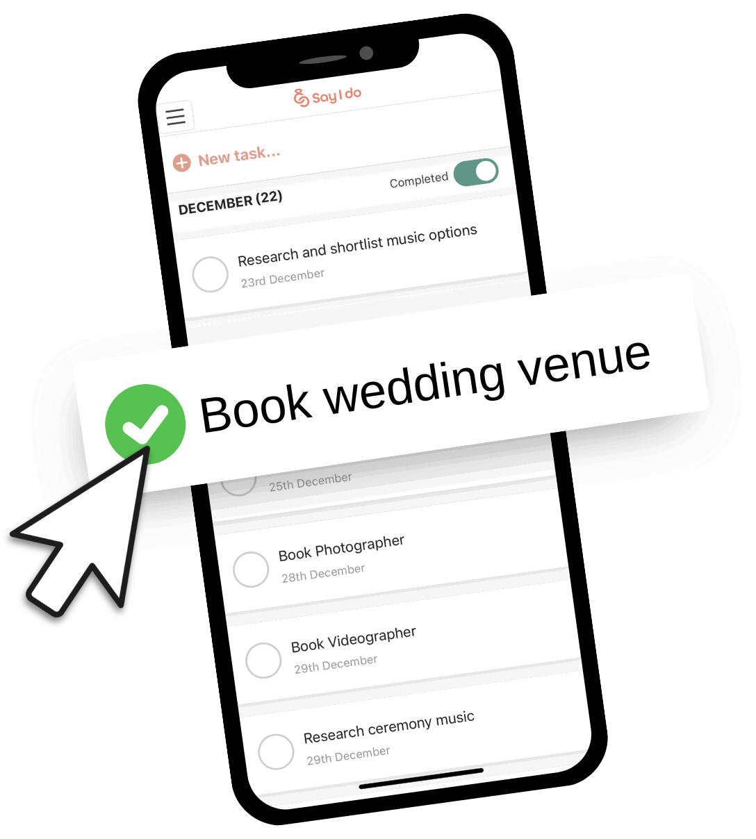 Checklist template with 'Book wedding venue' task as completed.