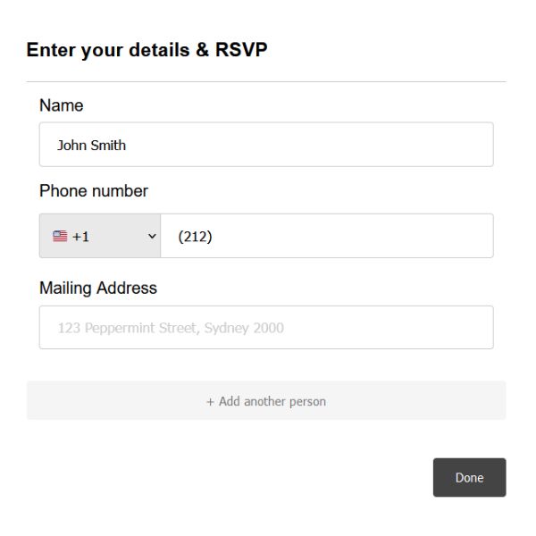 Open guest list registration form on a Say I do wedding website