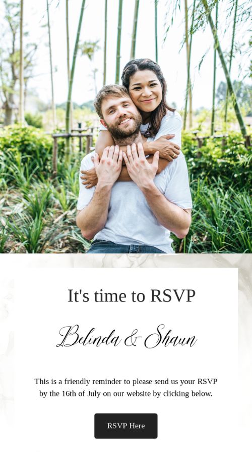 An example of an RSVP reminder directing wedding guests to submit their RSVP.