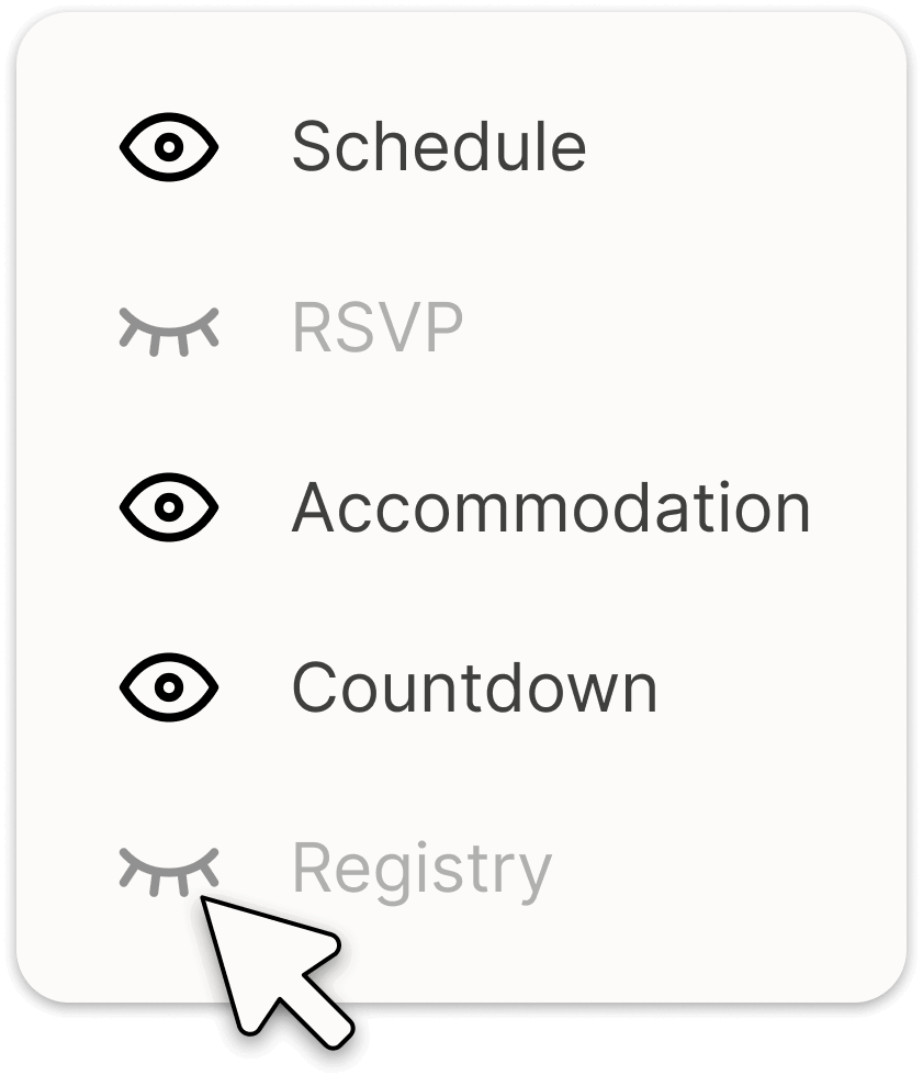 Customise options which you wish visible to your guests from accomodation, countdown, registry and more.